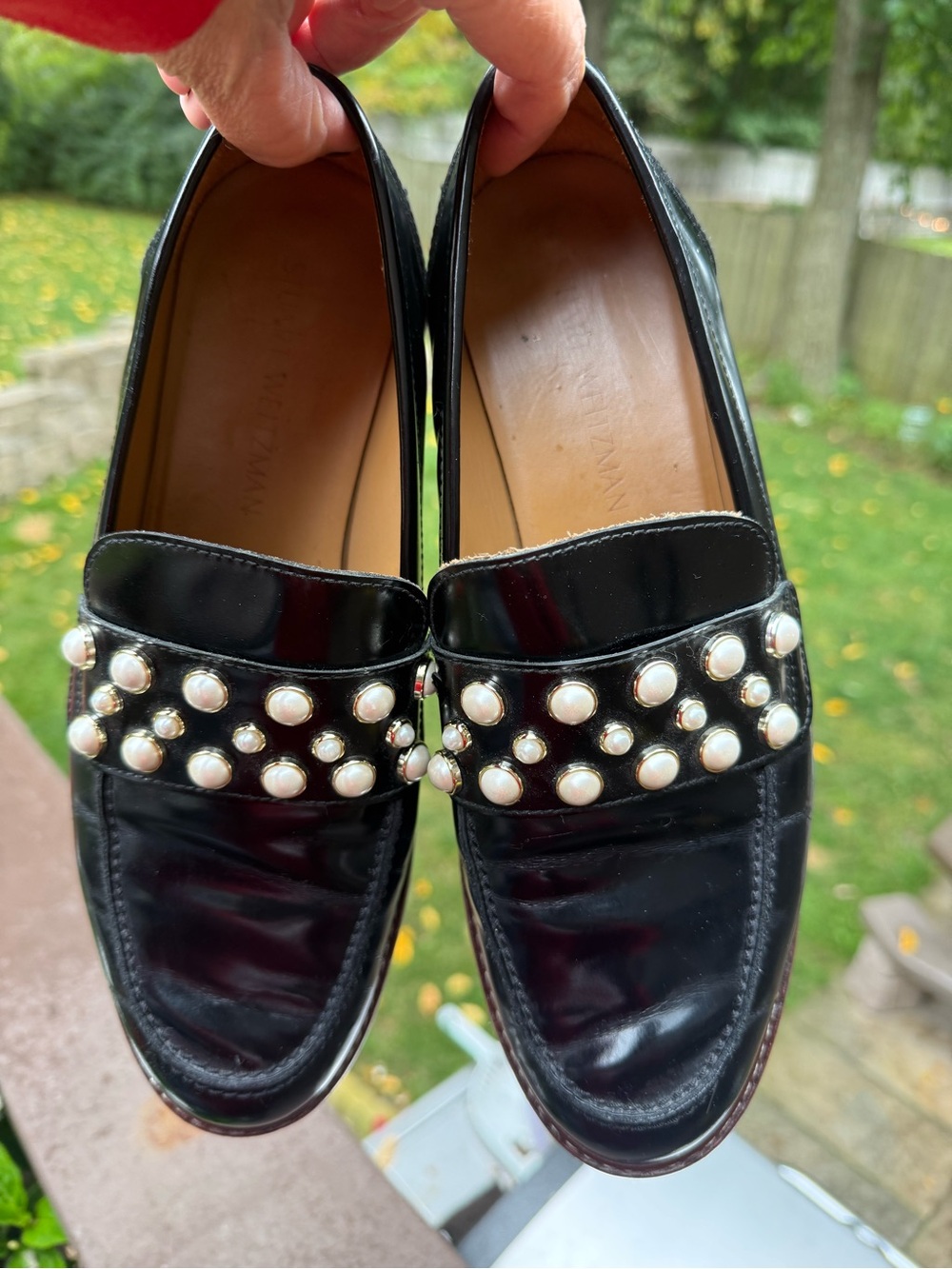 $455 STUART WEITZMAN MOC PEARL EMBELLISHED SPAZZOLATO LEATHER LOAFERS 9.5